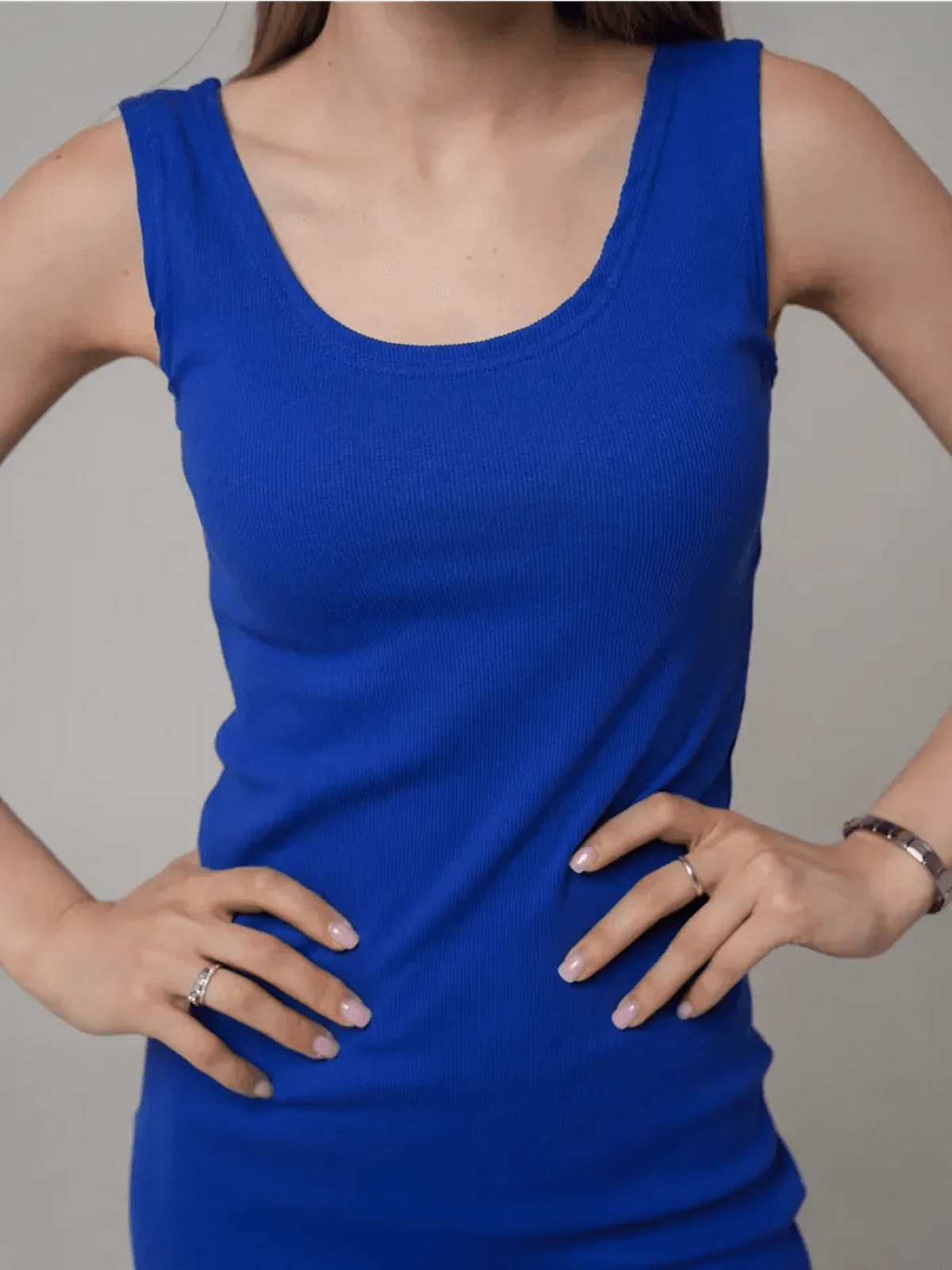 Close-up of sleeveless Azure Elegance Maxi Dress in rich cobalt blue, showcasing a sleek ribbed silhouette.