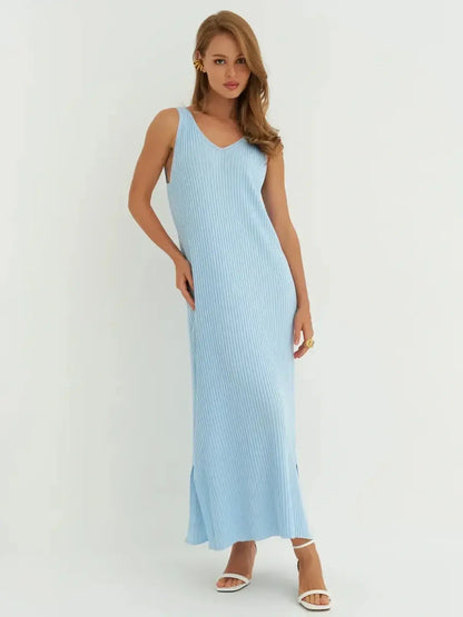 Azure Flow Maxi Dress in serene sky blue, featuring a sleeveless design and flattering V-neckline.