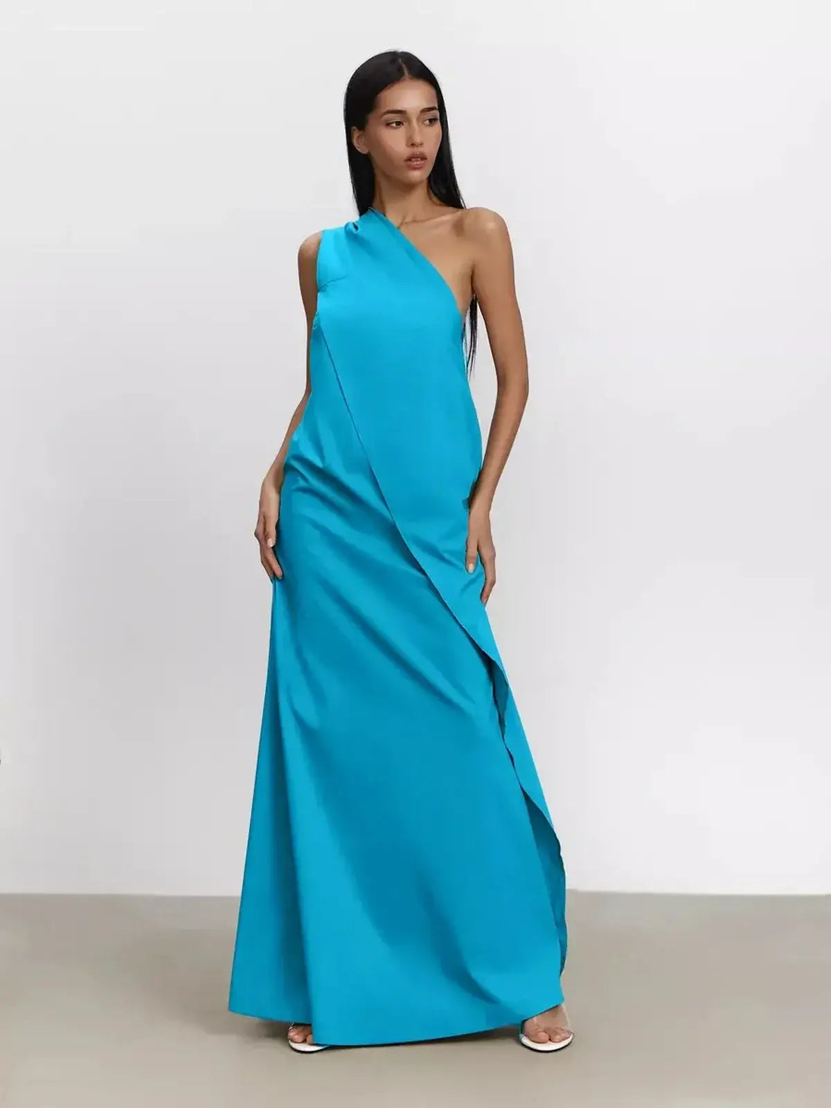 Azure Sway Maxi Dress - one-shoulder turquoise gown with flowy A-line silhouette, perfect for summer occasions.