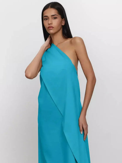 Azure Sway Maxi Dress - One-shoulder turquoise dress with A-line silhouette, perfect for summer events.