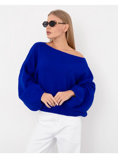 Azure Sweater by Lauven - Oversized women's knit sweater in vibrant blue with boat neck and cozy fit.