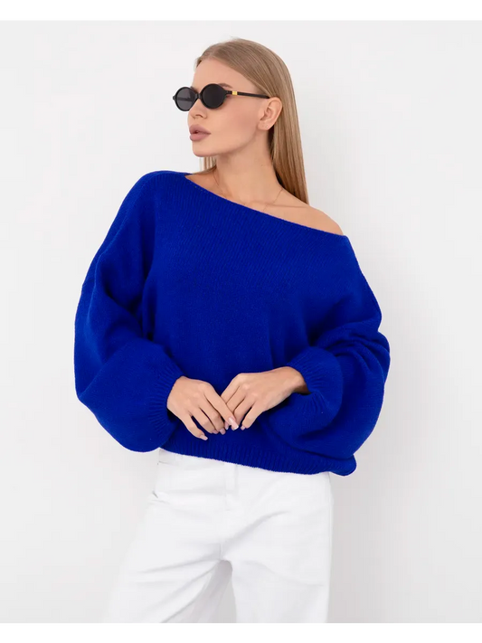 Azure Sweater by Lauven - Oversized women's knit sweater in vibrant blue with boat neck and cozy fit.