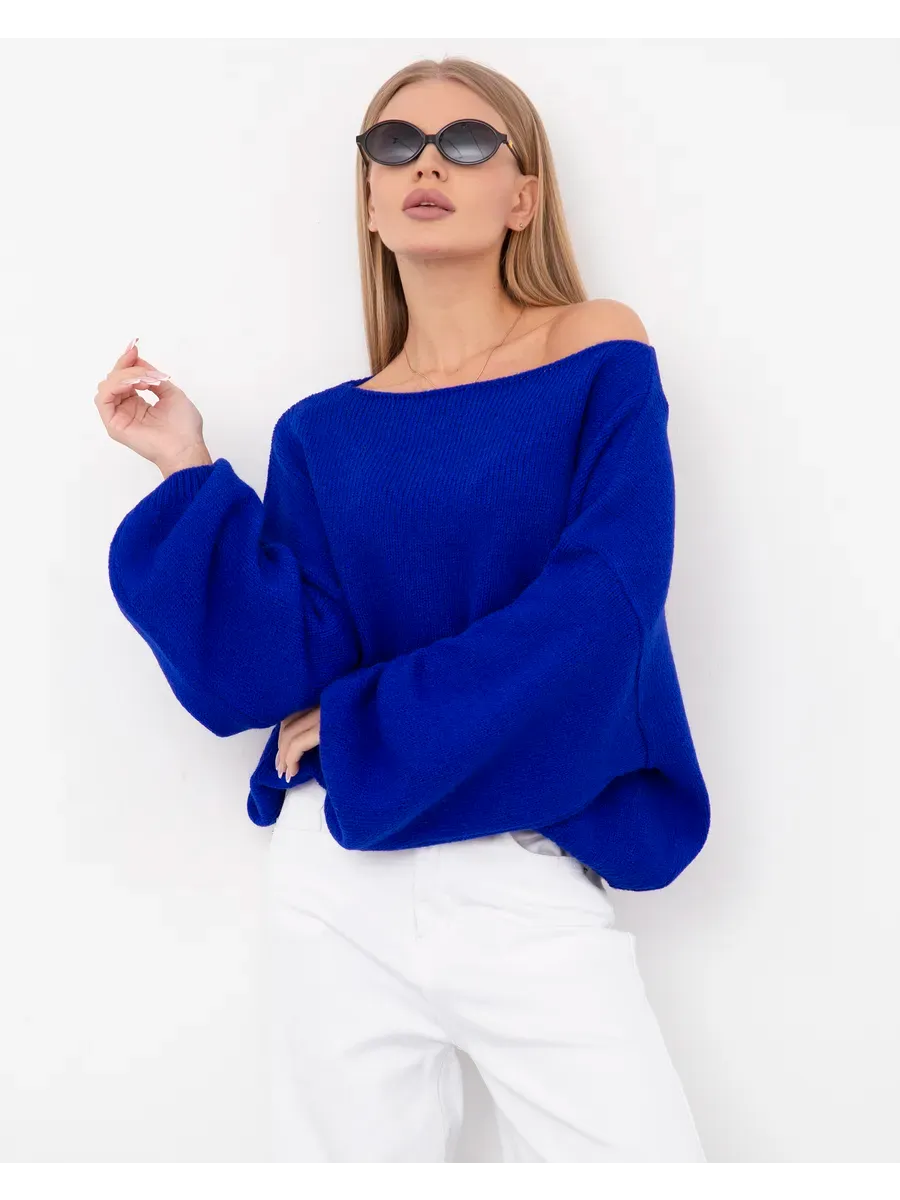 Azure Sweater by Lauven - Oversized knit women's sweater with boat neck in vibrant blue.