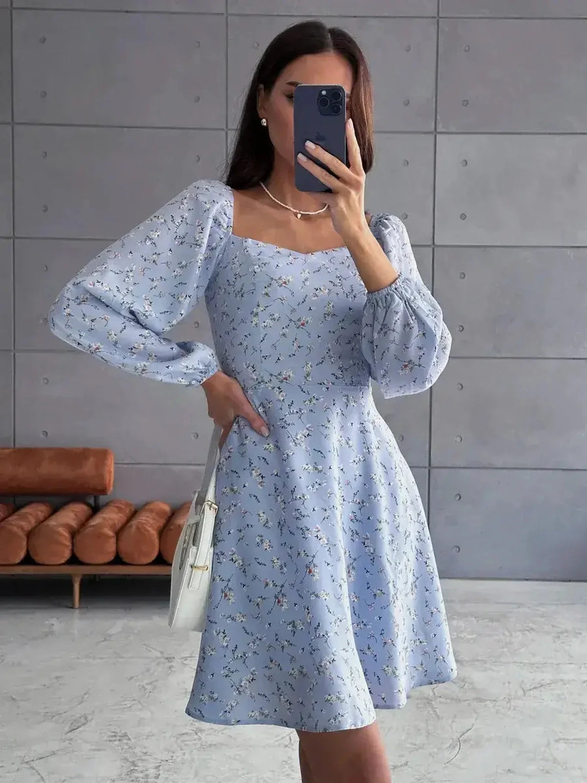 Bloom Belle sky blue mini dress with floral design, long puff sleeves, perfect for summer weddings and casual outings.