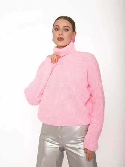 Blossom Pullover by Lauven, oversized light pink knit sweater with high neck for cozy comfort and modern style.
