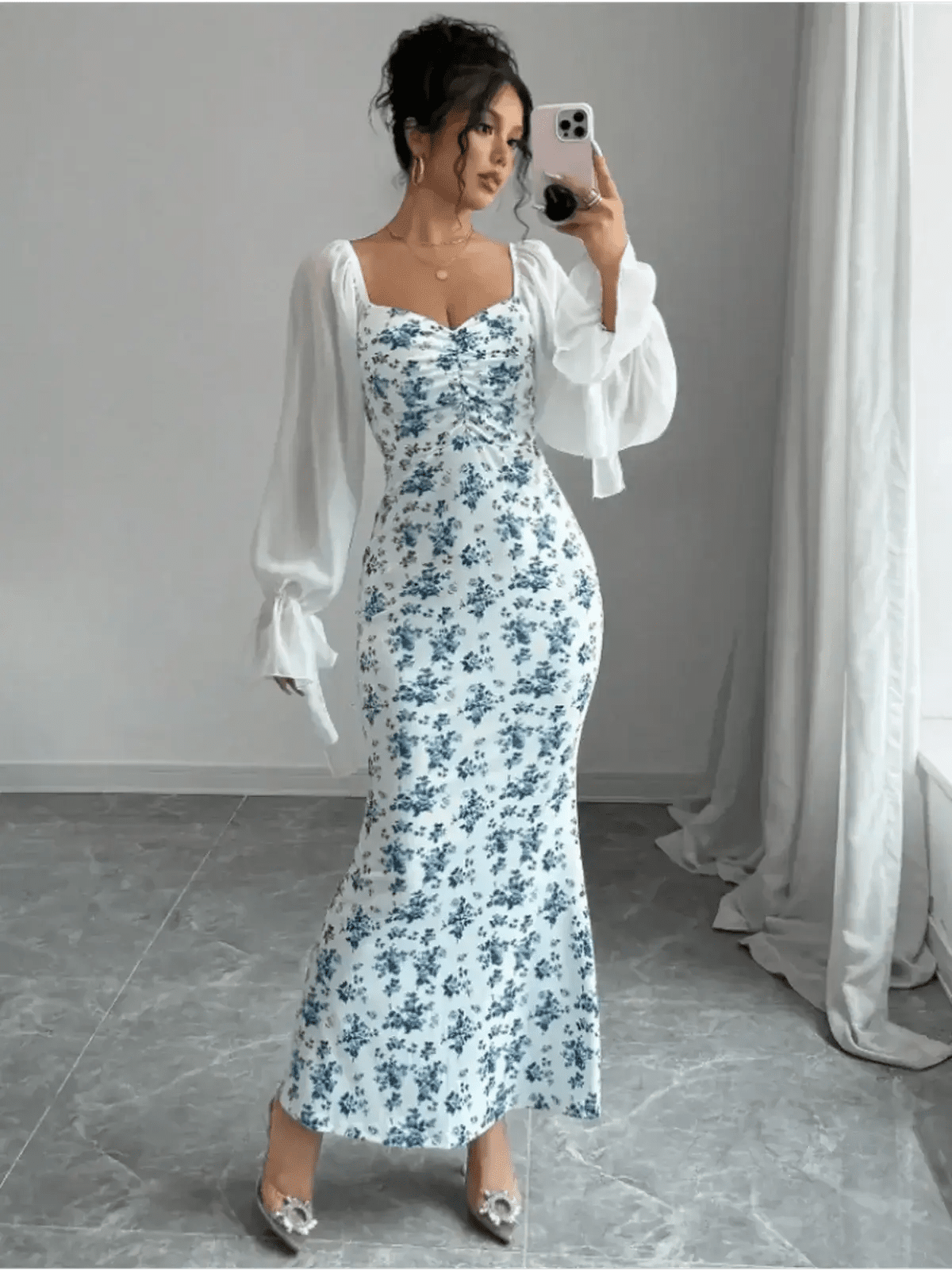 Bluebelle Maxi Dress featuring vintage floral print and sheer sleeves, perfect for elegant occasions.