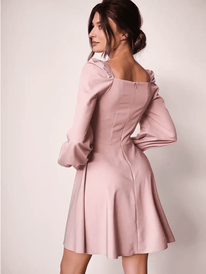 Back view of the Blush Aura mini dress featuring a fitted bodice, flared skirt, and elegant puff sleeves.