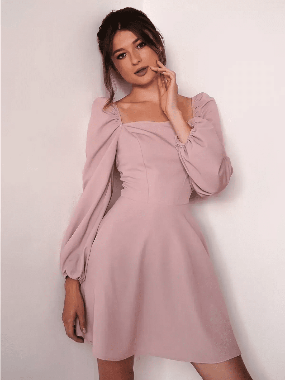 Blush Aura pink mini dress with puff sleeves and square neckline, perfect for weddings and summer celebrations.