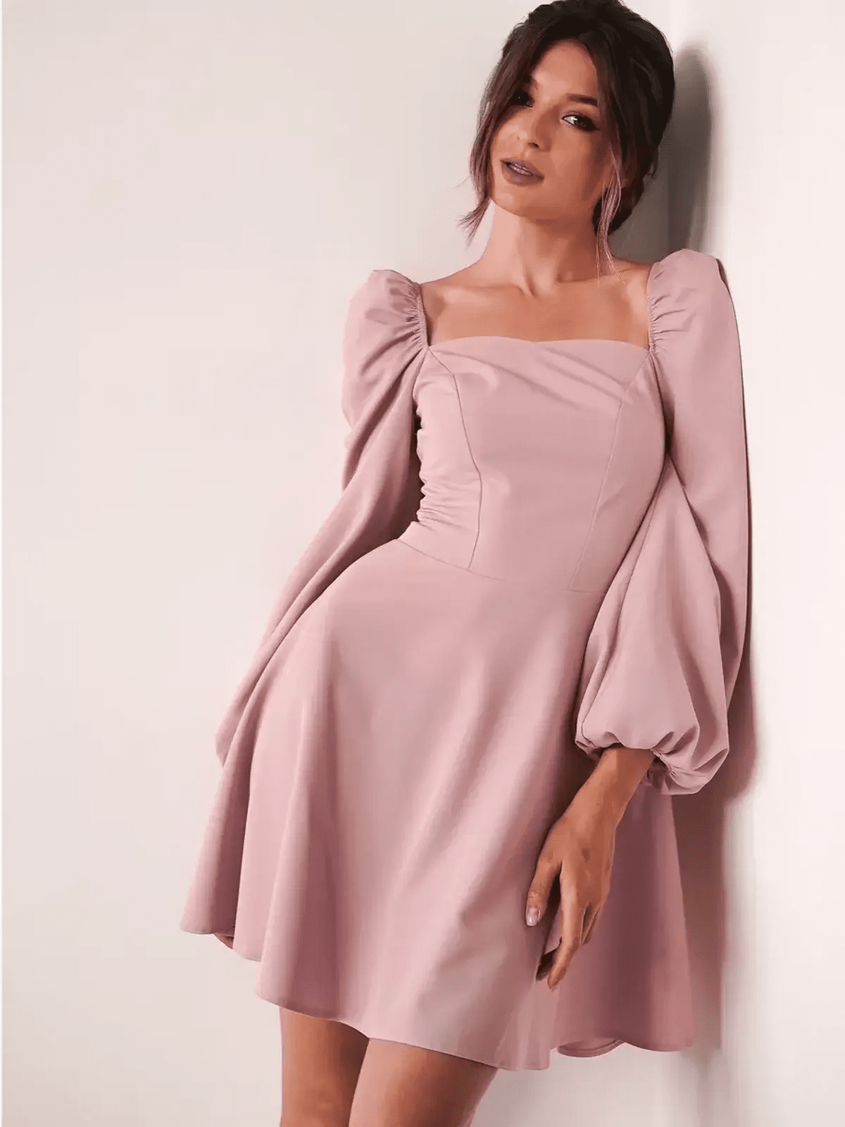Elegant Blush Aura mini dress with puff sleeves, perfect for wedding guest and formal occasions.
