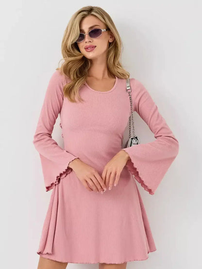 Lauven Blush Flare dress in soft pink with flared sleeves, showcasing elegance and style in a flattering A-line silhouette.