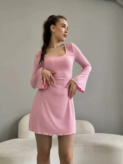 Blush Hour pink mini dress with square neckline and bell cuffs, perfect for summer and wedding guest occasions.