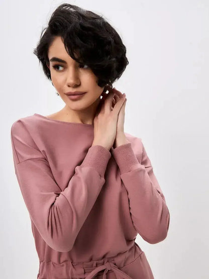 Blush Lounge Maxi Dress in dusty pink, featuring a boat neckline and adjustable drawstring waist for comfort and style.