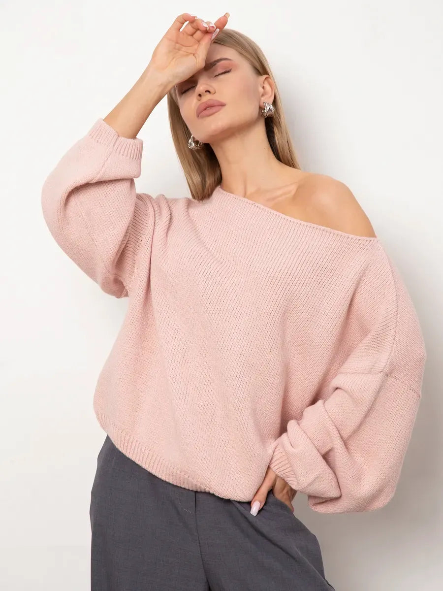 Blush Sweater by Lauven - Oversized women's knit sweater with boat neck in soft blush pink.