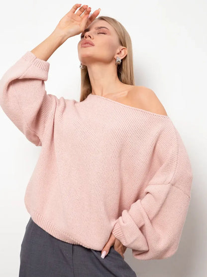 Blush Sweater by Lauven – Oversized pink boat neck knit sweater for women, perfect for fall and winter wear.