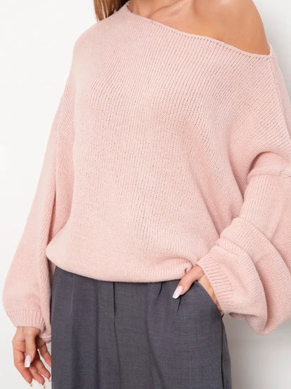 Oversized women’s Blush Sweater by Lauven in soft blush pink with boat neck and cozy knit design.