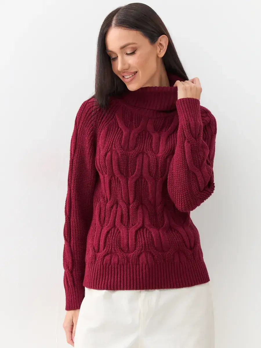 Bordeaux Knitwear by Lauven - Women's wool-blend turtleneck sweater in rich bordeaux with cable-knit design.