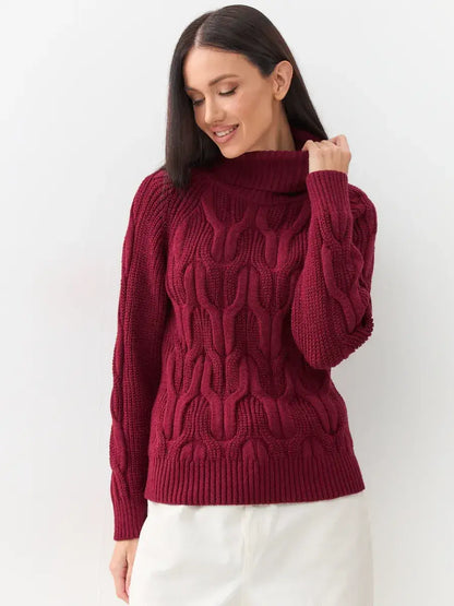 Bordeaux Knitwear by Lauven - Women's wool-blend turtleneck sweater in rich bordeaux with cable-knit design.