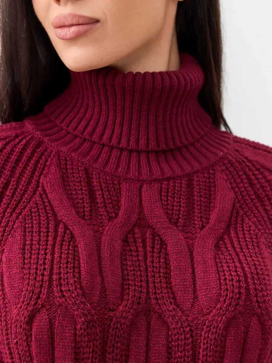 Bordeaux Knitwear by Lauven, women's wool-blend turtleneck sweater in rich bordeaux with classic cable-knit design.