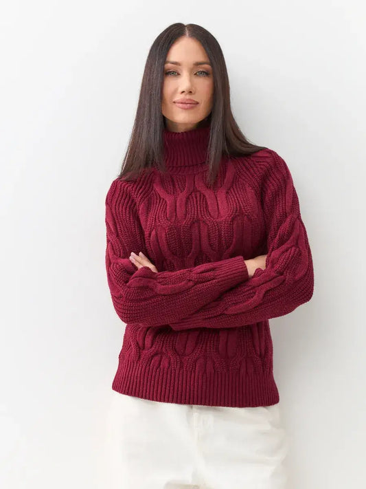 Bordeaux Knitwear by Lauven, women's wool-blend turtleneck sweater in rich bordeaux color with cable-knit pattern.