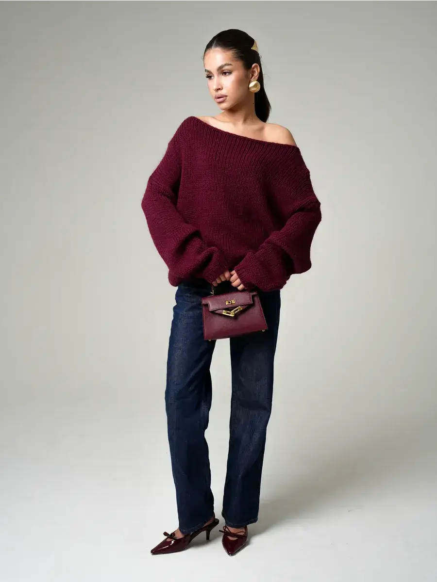 Bordeaux Sweater by Lauven — Oversized off-shoulder knit in deep wine color.