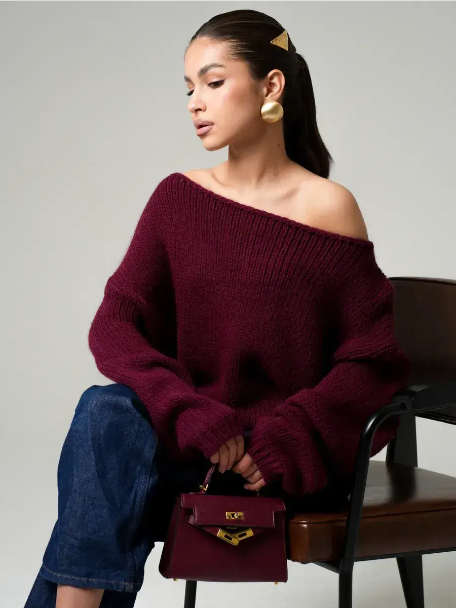 Bordeaux Sweater by Lauven, oversized off-shoulder knit in deep wine, perfect for modern luxury style.