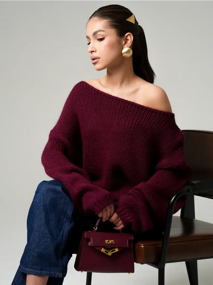 Bordeaux Sweater by Lauven, oversized off-shoulder knit in deep wine, perfect for modern luxury style.