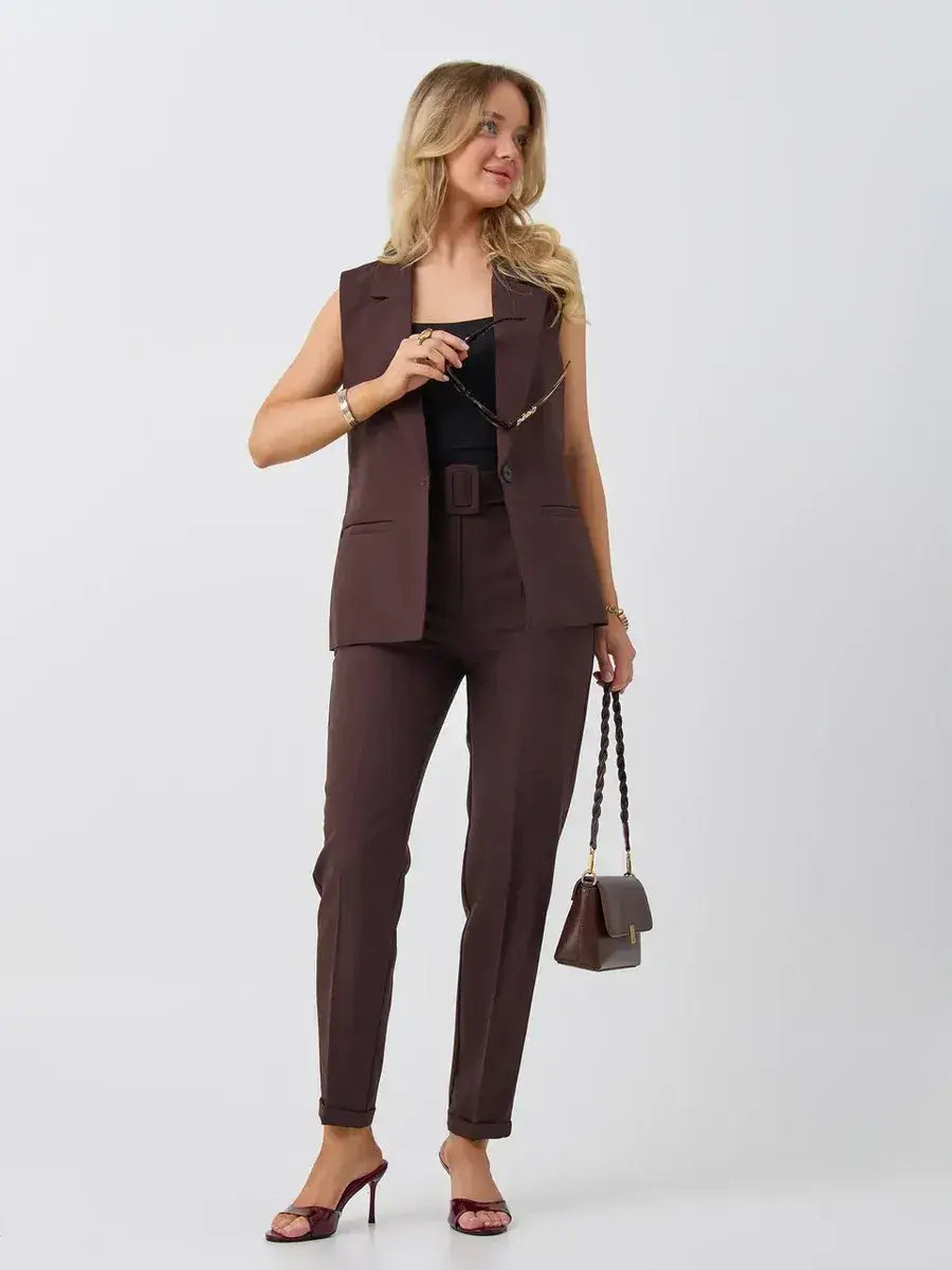 Cacao Suit Set by Lauven featuring a sleeveless chocolate vest and high-waist pants for a chic look.