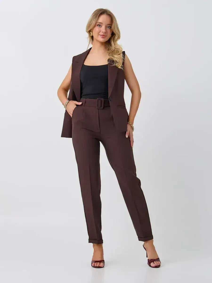Cacao Suit Set by Lauven featuring a sleeveless chocolate vest and high-waist pants for a stylish ensemble.