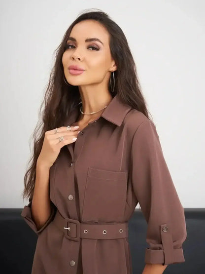 Chic Café Edit mini dress in brown with a tailored fit, button-down front, and oversized pockets, perfect for summer occasions.