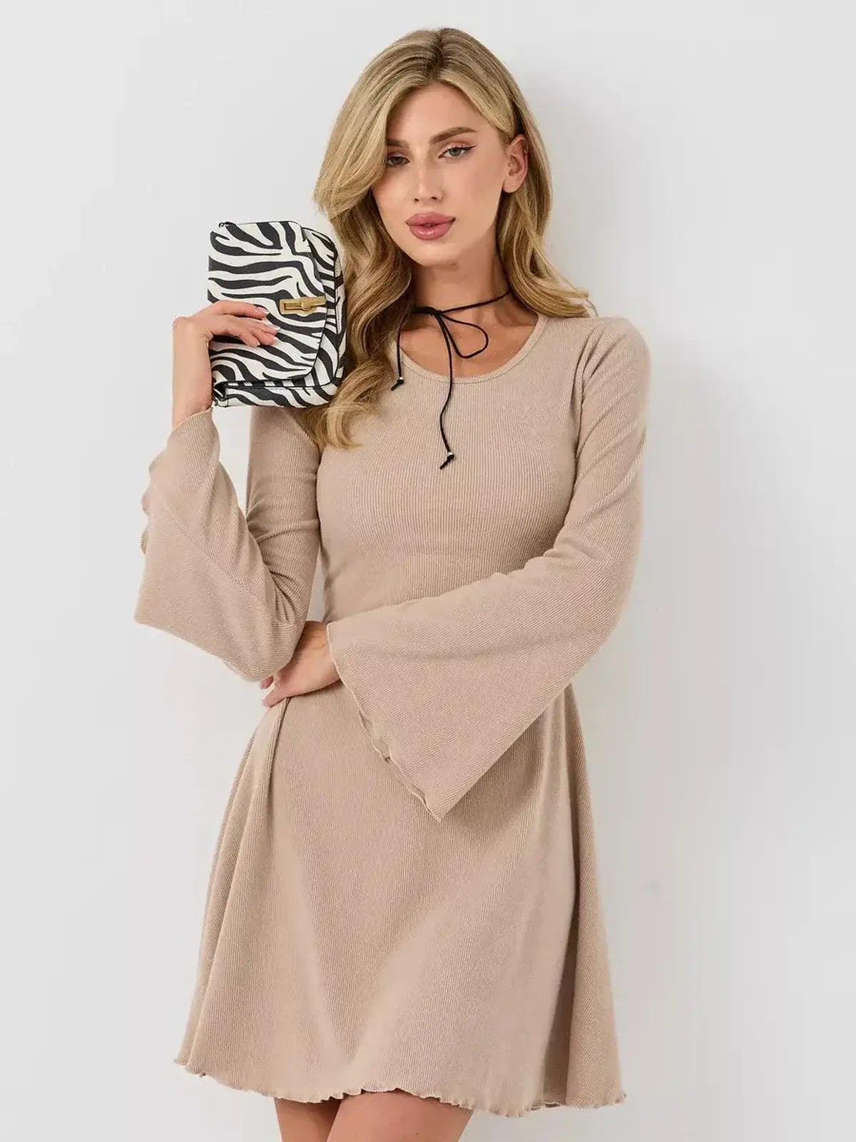 Café Ribbon mini dress by Lauven in warm beige with bell sleeves and U-neckline, perfect for summer wear.
