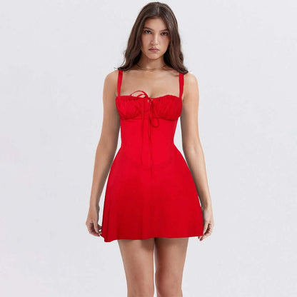 Elegant red corset mini dress, perfect for summer outings and special occasions, flattering silhouette for women.