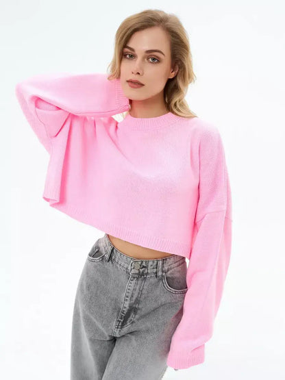 Candy Sweater by Lauven - Cropped oversized pink knit sweater for a playful, stylish look.