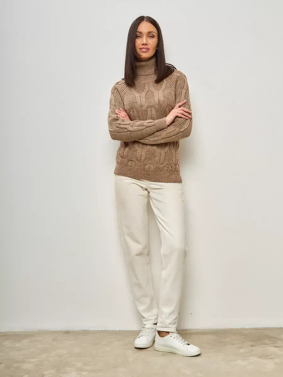 Cappuccino Knitwear by Lauven, oversized wool-blend turtleneck sweater in beige color.