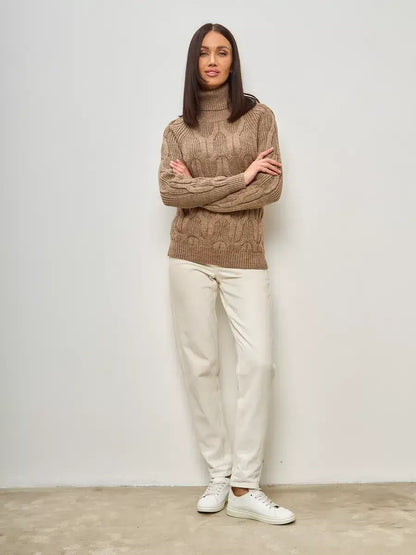 Cappuccino Knitwear by Lauven, oversized wool-blend turtleneck sweater in beige color.