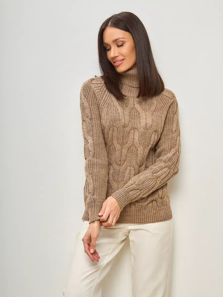 Cappuccino Knitwear by Lauven, oversized wool-blend turtleneck sweater in warm beige.