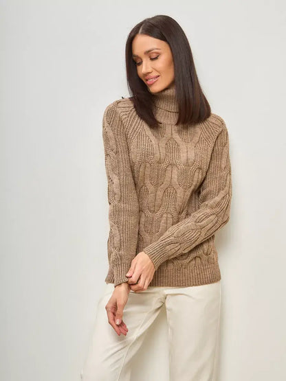 Cappuccino Knitwear by Lauven, oversized wool-blend turtleneck sweater in warm beige.