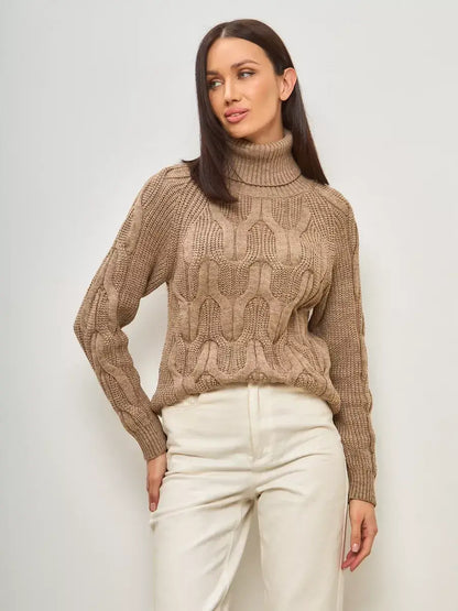 Cappuccino Knitwear by Lauven - Oversized wool-blend turtleneck sweater in warm beige, perfect for colder seasons.
