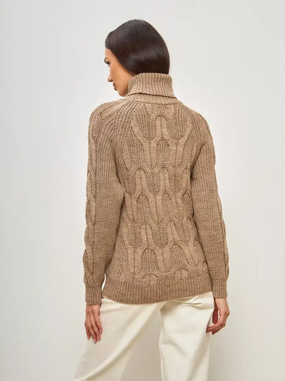 Cappuccino Knitwear oversized wool-blend turtleneck sweater by Lauven, showing detailed back design in beige.
