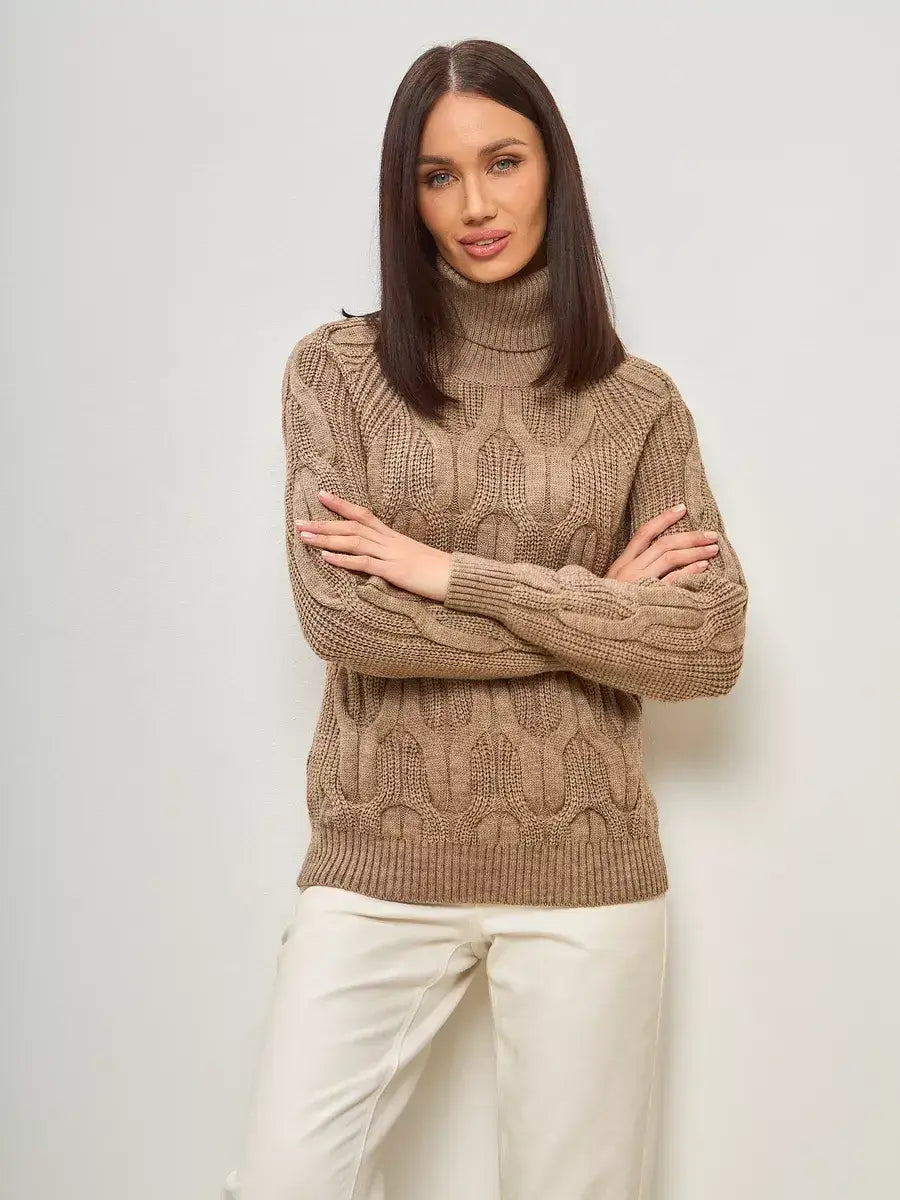Cappuccino Knitwear by Lauven, oversized wool-blend turtleneck sweater in a soft, warm beige color.