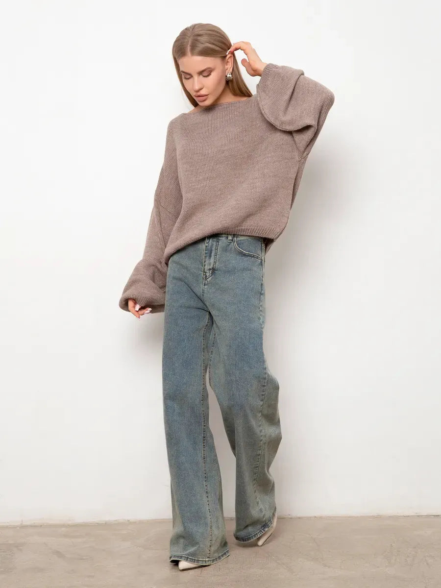 Cappuccino Sweater by Lauven, oversized women's knit sweater with boat neck in warm cappuccino shade.