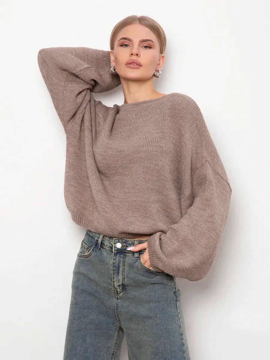 Cappuccino Sweater by Lauven, oversized women's knit sweater with boat neck in soft cappuccino shade.