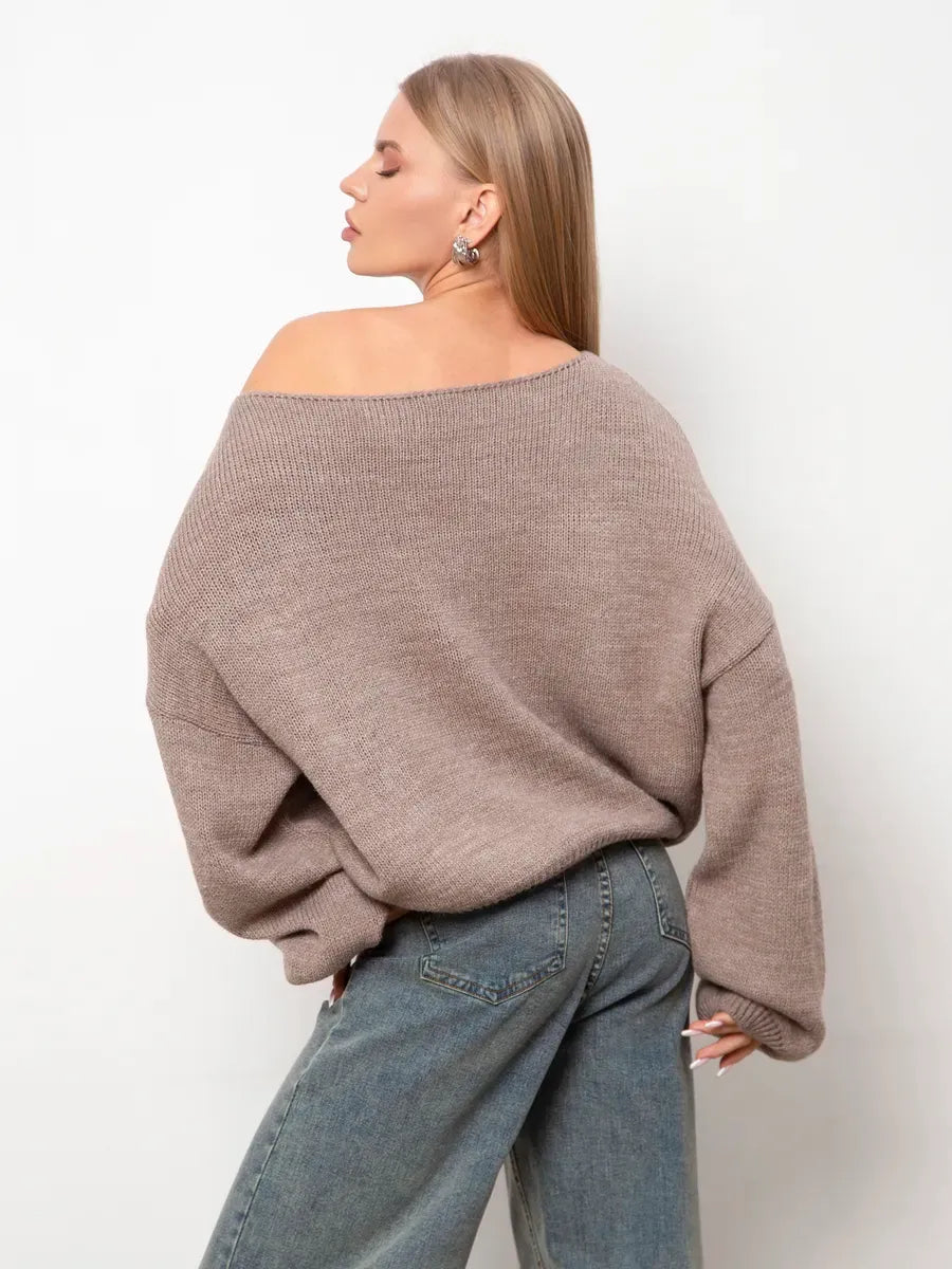 Cappuccino Sweater by Lauven, oversized women's knit sweater with boat neck in warm cappuccino shade.