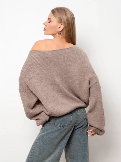 Cappuccino Sweater by Lauven, oversized women's knit sweater with boat neck in warm cappuccino shade.