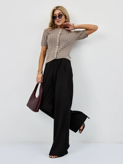 Capri Cardigan by Lauven - Short-sleeve cropped cardigan in breathable cotton-acrylic knit in cappuccino