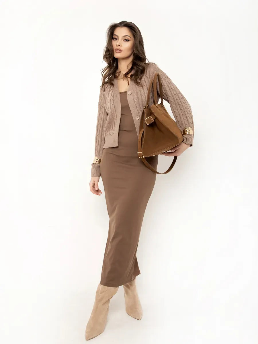 Capri Cardigan by Lauven, chic cropped cappuccino knit cardigan styled with a brown dress and beige boots.