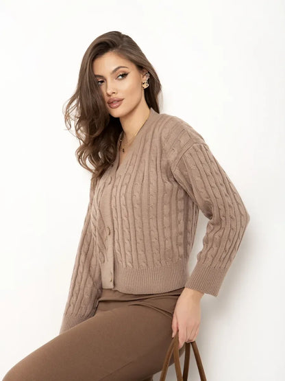 Capri Cardigan by Lauven in cropped cappuccino knit with button closure, perfect for stylish layering.