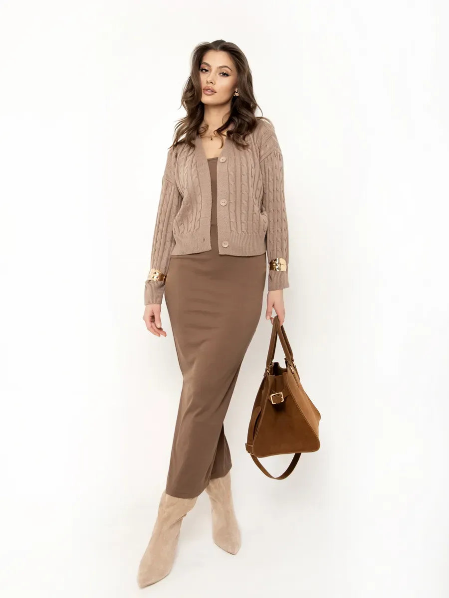 Capri Cardigan from Lauven in cropped cappuccino knit, styled with a brown dress and tote bag.