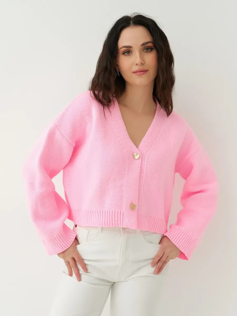Celeste Cardigan by Lauven - cropped pink knit with heart buttons for a stylish women's outfit.