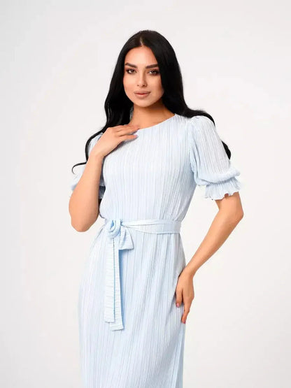 Light blue pleated maxi dress with puff sleeves and self-tie waist, perfect for summer and weddings.