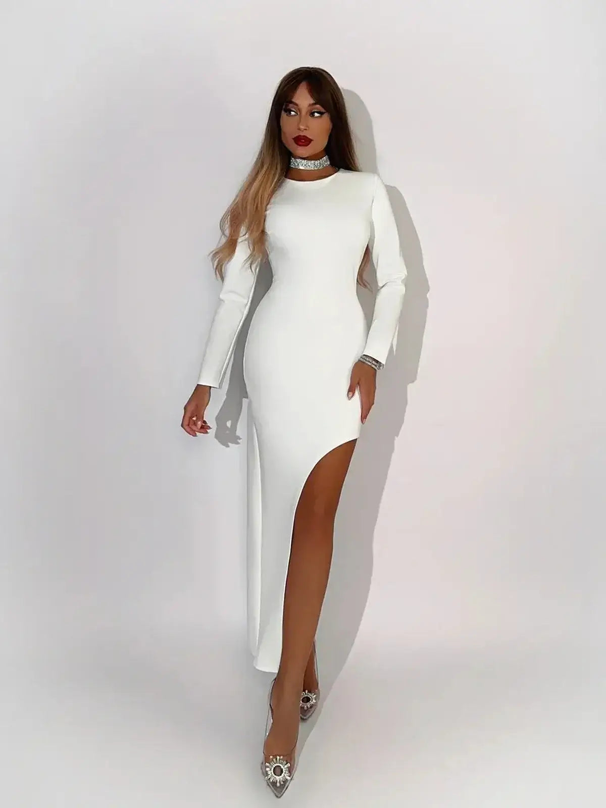 Celeste Maxi Dress in creamy-white fabric featuring asymmetric hemline and sophisticated round neckline.